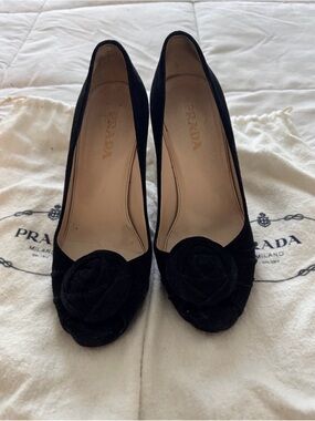 Prada Black Velvet Rose Detail Pumps
